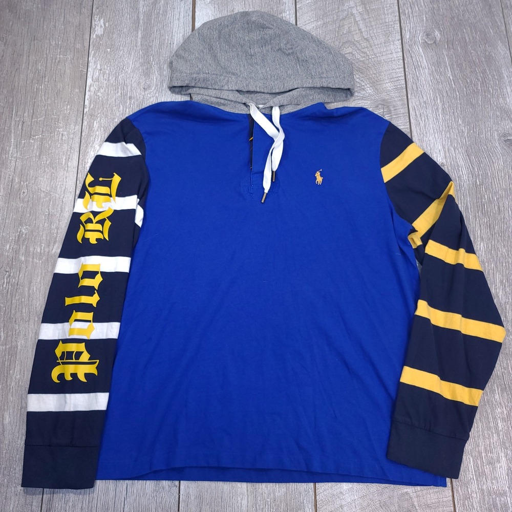 Polo Ralph Lauren Hooded T-Shirt Mens Large Blue Striped Sleeve Graphic Hoodie